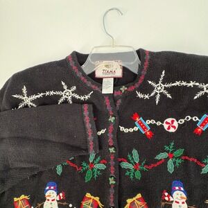 Tiara International Womens Vintage Christmas Cardigan Sweater Black Snowman L